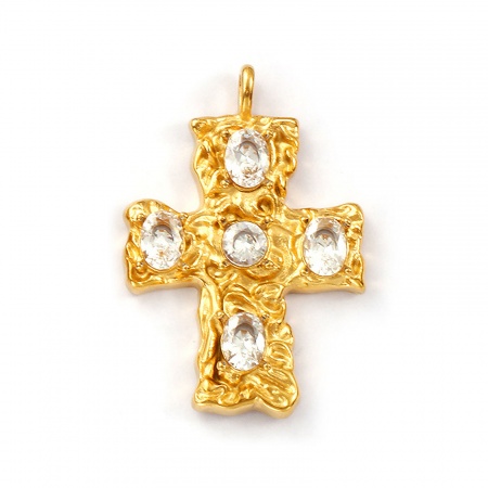 Picture of 1 Piece Eco-friendly PVD Vacuum Plating Waterproof Anti-Tarnish Hypoallergenic 304 Stainless Steel Religious Pendants 18K Real Gold Plated Cross Clear Cubic Zirconia 4.8cm x 3.3cm