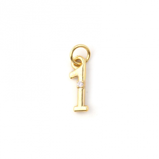 Immagine di 5 Pz Ecologico Ottone Ciondoli 18K Vero Oro Placcato Numero Lettere " 1 " Trasparente Cubic Zirconiae 16mm x 4mm