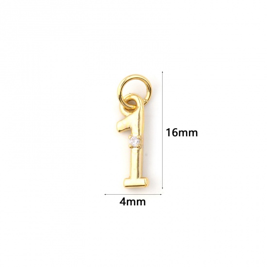 Immagine di 5 Pz Ecologico Ottone Ciondoli 18K Vero Oro Placcato Numero Lettere " 1 " Trasparente Cubic Zirconiae 16mm x 4mm