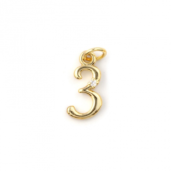 Immagine di 5 Pz Ecologico Ottone Ciondoli 18K Vero Oro Placcato Numero Lettere " 3 " Trasparente Cubic Zirconiae 17mm x 7mm