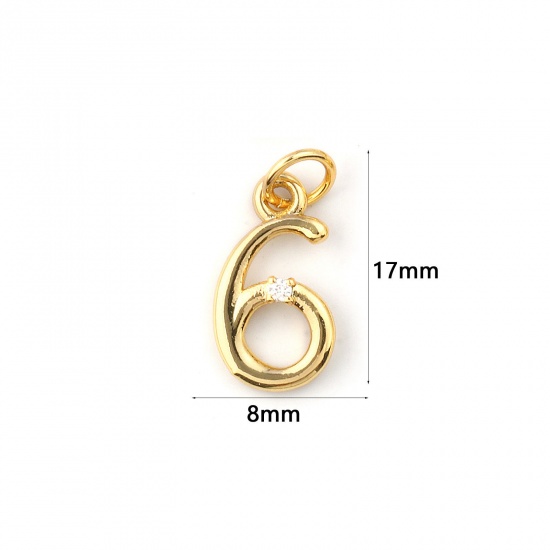 Immagine di 5 Pz Ecologico Ottone Ciondoli 18K Vero Oro Placcato Numero Lettere " 6 " Trasparente Cubic Zirconiae 17mm x 8mm