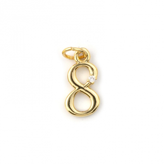 Immagine di 5 Pz Ecologico Ottone Ciondoli 18K Vero Oro Placcato Numero Lettere " 8 " Trasparente Cubic Zirconiae 17mm x 7mm