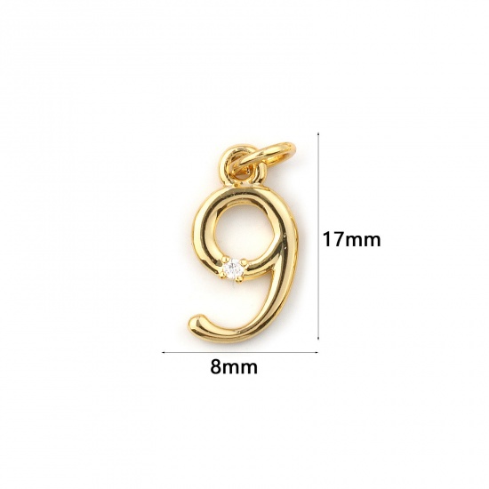 Immagine di 5 Pz Ecologico Ottone Ciondoli 18K Vero Oro Placcato Numero Lettere " 9 " Trasparente Cubic Zirconiae 17mm x 8mm