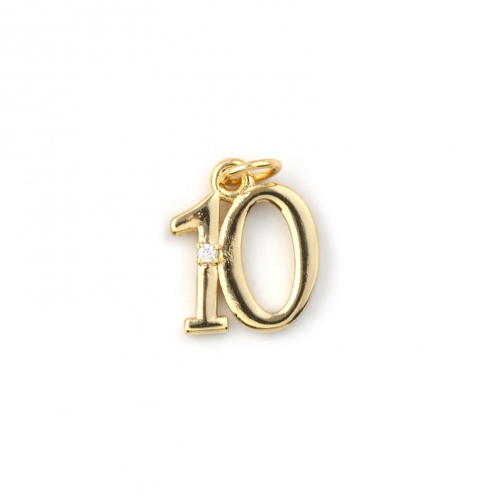 Immagine di 5 Pz Ecologico Ottone Ciondoli 18K Vero Oro Placcato Numero Lettere " 10 " Trasparente Cubic Zirconiae 17mm x 11mm