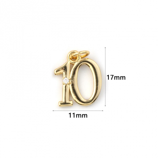 Immagine di 5 Pz Ecologico Ottone Ciondoli 18K Vero Oro Placcato Numero Lettere " 10 " Trasparente Cubic Zirconiae 17mm x 11mm