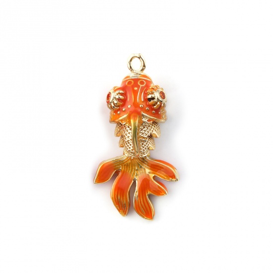 Immagine di 1 Pz Ecologico Ottone Gioielli Oceanici Ciondoli Pendenti 18K Vero Oro Placcato Arancione Smalto Pesce Rosso 3D Mobile Arancione Cubic Zirconiae 3cm x 1.5cm