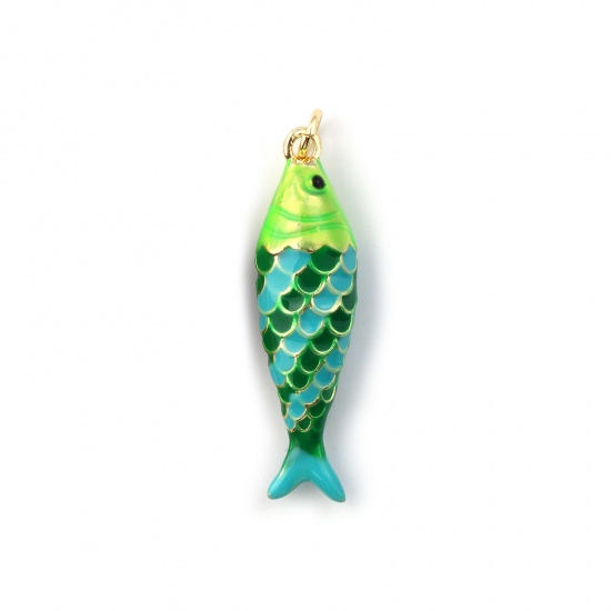 Image de 1 Pièce Pendentifs Bijoux d'Océan Respectueux de la Nature en Laiton Plaqué Or Véritable 18K Vert Émail Poisson 3D 3.6cm x 0.9cm