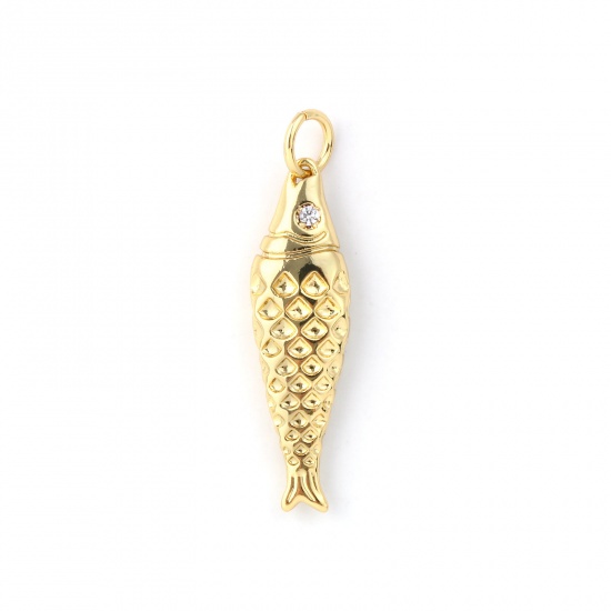 Immagine di 2 Pz Ecologico Ottone Gioielli Oceanici Ciondoli 18K Vero Oro Placcato Pesce 3D Trasparente Cubic Zirconiae 29mm x 7mm