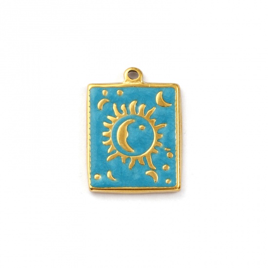 Immagine di 1 Pz Placcatura Sottovuoto PVD Ecologica 304 Acciaio Inossidabile Galassia Ciondoli Placcato Oro 18K Blu Smalto Rettangolo Sole & Luna 22.5mm x 17mm