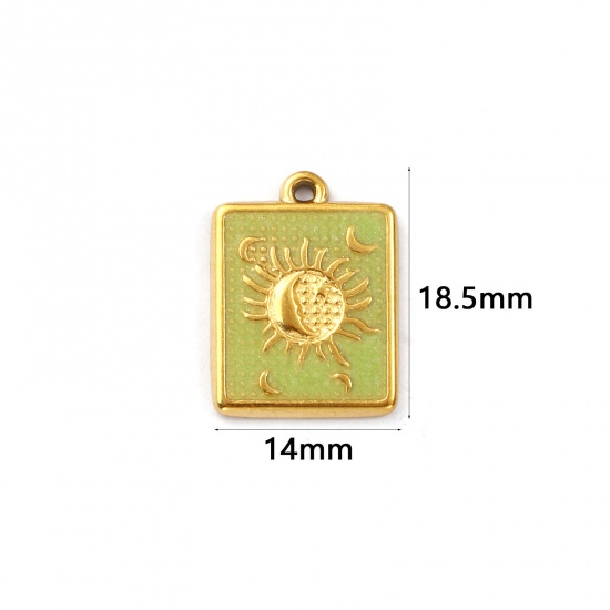 Immagine di 1 Pz Placcatura Sottovuoto PVD Ecologica 304 Acciaio Inossidabile Galassia Ciondoli Placcato Oro 18K Chartreuse Smalto Rettangolo Sole & Luna Madreperla 18.5mm x 14mm