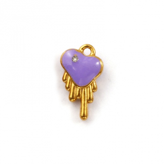 Immagine di 1 Pz Placcatura Sottovuoto PVD Ecologica 304 Acciaio Inossidabile San Valentino Ciondoli Placcato Oro 18K Colore Viola Cuore Smalto a Doppia Faccia Trasparente Cubic Zirconiae 14mm x 8mm