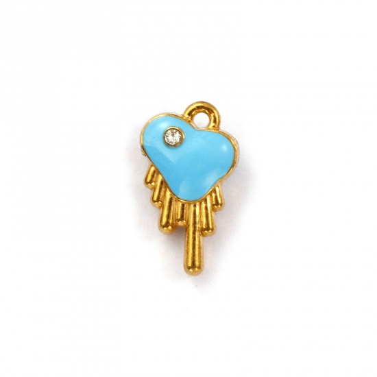 Immagine di 1 Pz Placcatura Sottovuoto PVD Ecologica 304 Acciaio Inossidabile San Valentino Ciondoli Placcato Oro 18K Blu Cuore Smalto a Doppia Faccia Trasparente Cubic Zirconiae 14mm x 8mm