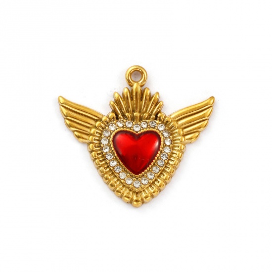 Bild von 1 Stück Umweltfreundliche PVD-Vakuumbeschichtung 304 Edelstahl Religiös Charms 18K Vergoldet Rot Emaille Ex Voto Herz Flügel Micro Pave Klar Zirkonia 27mm x 24mm