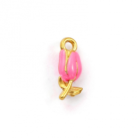 Immagine di 1 Pz Placcatura Sottovuoto PVD Ecologica 304 Acciaio Inossidabile Ciondoli Placcato Oro 18K Rosa Smalto Fiore del Tulipano 3D 20mm x 8mm