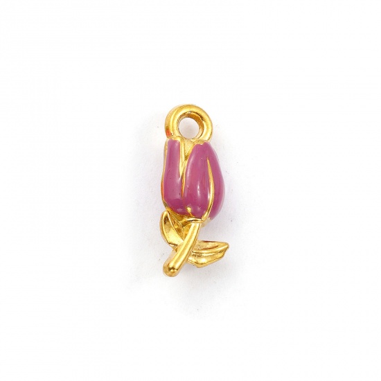 Immagine di 1 Pz Placcatura Sottovuoto PVD Ecologica 304 Acciaio Inossidabile Ciondoli Placcato Oro 18K Colore Viola Smalto Fiore del Tulipano 3D 20mm x 8mm
