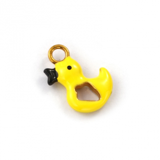 Bild von 1 Stück Umweltfreundliche PVD-Vakuumbeschichtung 304 Edelstahl Charms 18K Vergoldet Gelb Emaille Ente 3D 19mm x 14mm