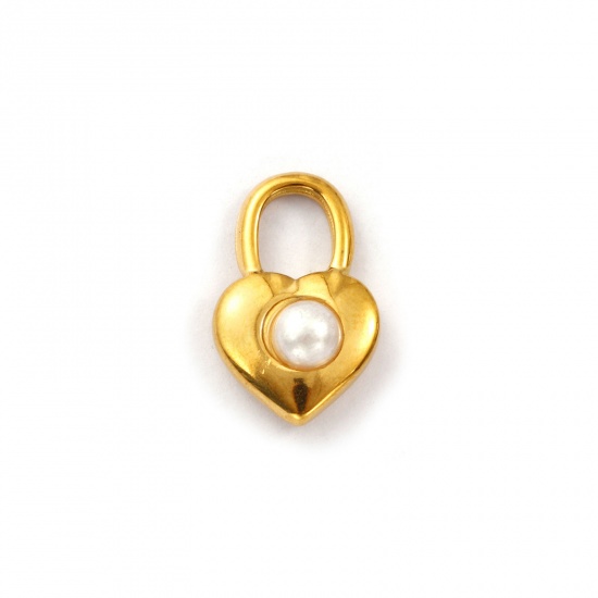 Immagine di 2 Pz Placcatura Sottovuoto PVD Ecologica 304 Acciaio Inossidabile San Valentino Ciondoli Placcato Oro 18K Bianco Cuore Serratura Perla Imitato Acrilico 19mm x 12mm
