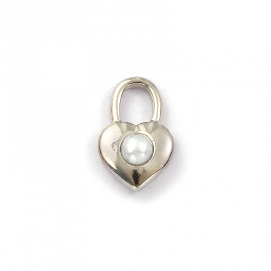 Immagine di 2 Pz Placcatura Sottovuoto PVD Ecologica 304 Acciaio Inossidabile San Valentino Ciondoli Tono Argento Bianco Cuore Serratura Perla Imitato Acrilico 19mm x 12mm