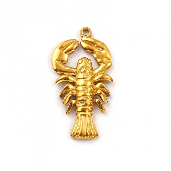 Immagine di 2 Pz Placcatura Sottovuoto PVD Ecologica 304 Acciaio Inossidabile Gioielli Oceanici Ciondoli Pendenti Placcato Oro 18K Aragosta 3.9cm x 2.1cm
