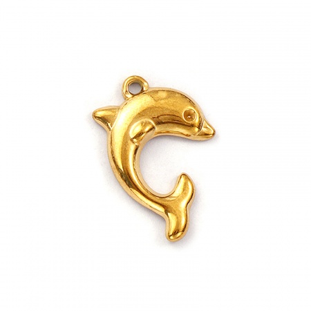 Picture of 2 PCs Eco-friendly PVD Vacuum Plating 304 Stainless Steel Ocean Jewelry Charms 18K Gold Plated Dolphin Animal 21mm x 15mm
