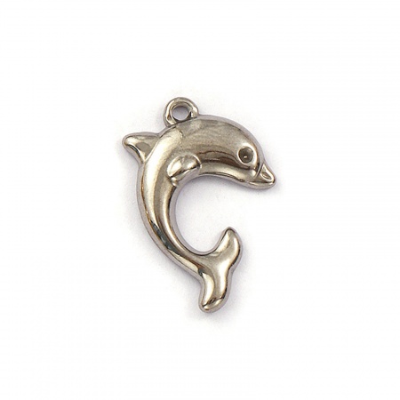 Picture of 2 PCs Eco-friendly PVD Vacuum Plating 304 Stainless Steel Ocean Jewelry Charms Silver Tone Dolphin Animal 21mm x 15mm