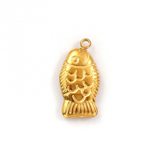 Immagine di 2 Pz Placcatura Sottovuoto PVD Ecologica 304 Acciaio Inossidabile Gioielli Oceanici Ciondoli Placcato Oro 18K Pesce 21mm x 11mm