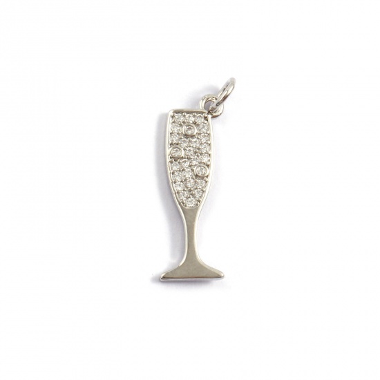 Picture of 1 Piece Eco-friendly Brass Charms Real Platinum Plated Tableware Cup Micro Pave Clear Cubic Zirconia 26mm x 7.5mm