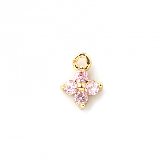 Immagine di 5 Pz Ottone Mini Ciondoli Placcato Oro 18K Fiore Micro Spianare Rosa Cubic Zirconiae 8mm x 6mm