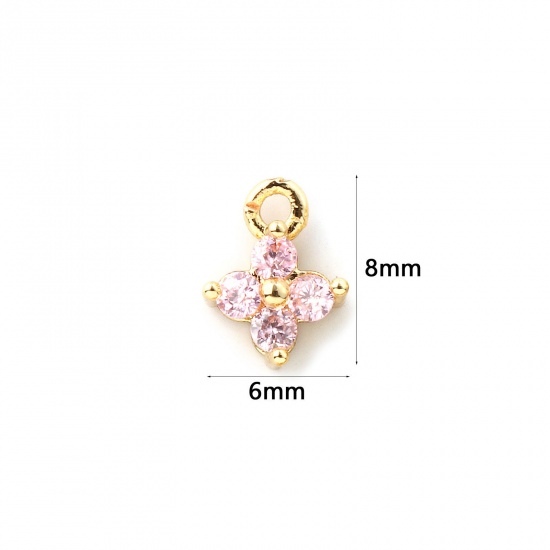 Immagine di 5 Pz Ottone Mini Ciondoli Placcato Oro 18K Fiore Micro Spianare Rosa Cubic Zirconiae 8mm x 6mm