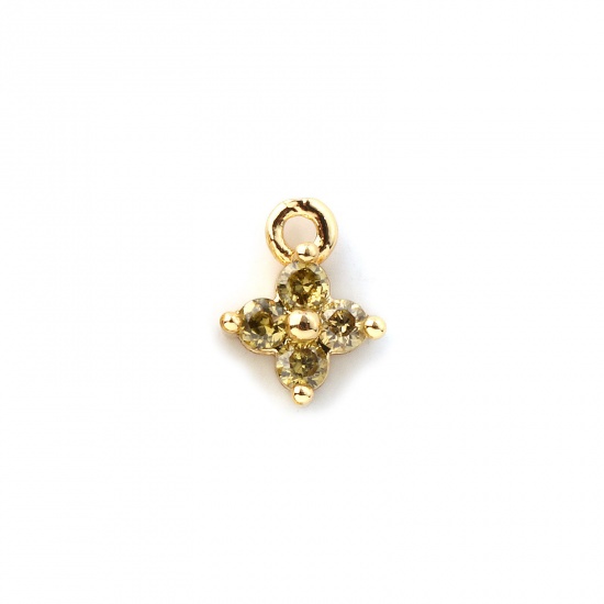 Immagine di 5 Pz Ottone Mini Ciondoli Placcato Oro 18K Fiore Micro Spianare Giallo-verde Cubic Zirconiae 8mm x 6mm