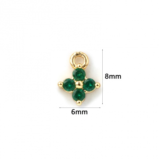 Immagine di 5 Pz Ottone Mini Ciondoli Placcato Oro 18K Fiore Micro Spianare Verde Cubic Zirconiae 8mm x 6mm