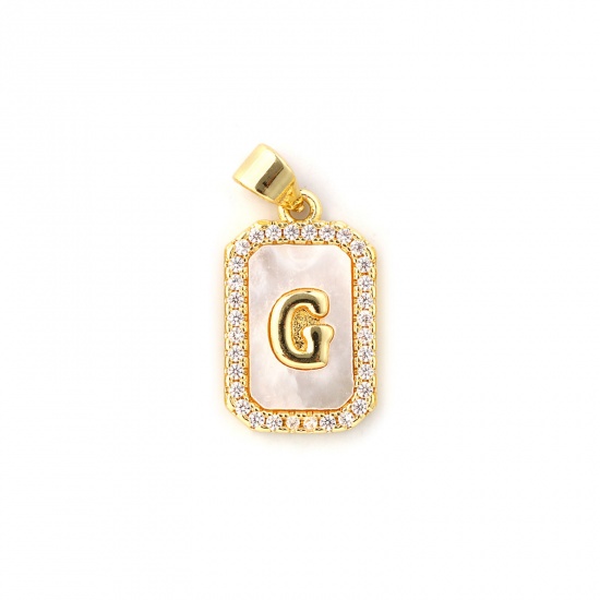 1 個 天然シェル & 真鍮 チャーム ペンダント 18Kゴールドメッキ 白 八辺形 キャピタルレター 文字「 G 」 マイクロパヴェ クリア ジルコン 23mm x 12mm、 の画像