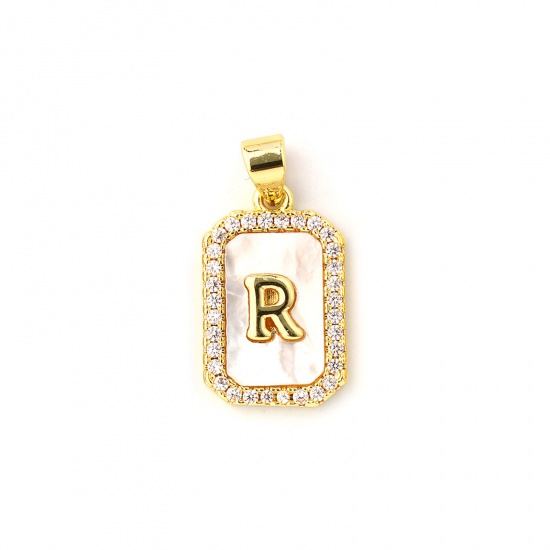1 個 天然シェル & 真鍮 チャーム ペンダント 18Kゴールドメッキ 白 八辺形 キャピタルレター 文字「 R 」 マイクロパヴェ クリア ジルコン 23mm x 12mm、 の画像