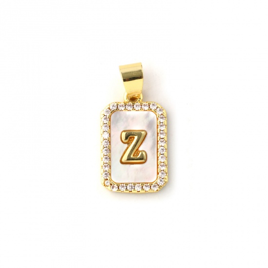 1 個 天然シェル & 真鍮 チャーム ペンダント 18Kゴールドメッキ 白 八辺形 キャピタルレター 文字「 Z 」 マイクロパヴェ クリア ジルコン 23mm x 12mm、 の画像