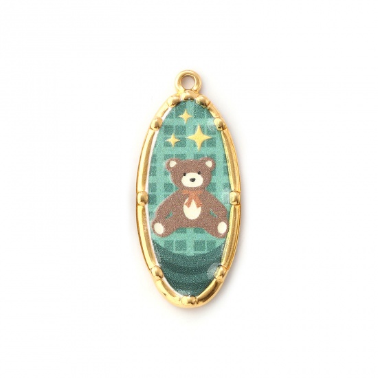 Immagine di 1 Pz Placcatura Sottovuoto PVD Ecologica 304 Acciaio Inossidabile Ciondoli Pendenti 18K Vero Oro Placcato Verde Scuro Ovale Orso Stampato 3.4cm x 1.4cm