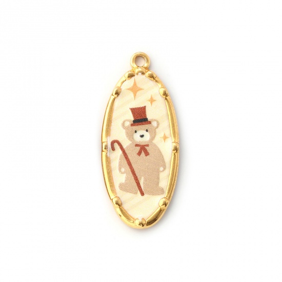 Immagine di 1 Pz Placcatura Sottovuoto PVD Ecologica 304 Acciaio Inossidabile Ciondoli Pendenti 18K Vero Oro Placcato Beige Ovale Orso Stampato 3.4cm x 1.4cm