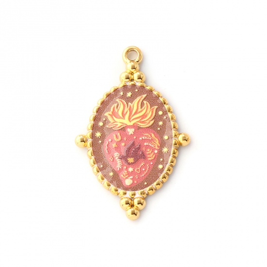 Immagine di 1 Pz Placcatura Sottovuoto PVD Ecologica 304 Acciaio Inossidabile Religione Ciondoli Pendenti 18K Vero Oro Placcato Marrone Ovale Ex Voto Cuore Stampato 3.2cm x 2.1cm