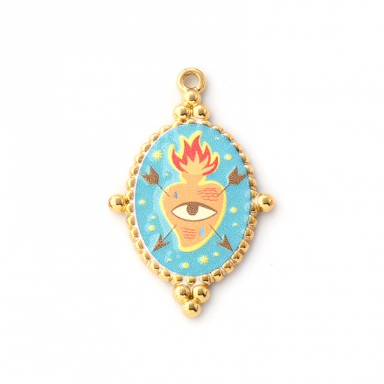 Immagine di 1 Pz Placcatura Sottovuoto PVD Ecologica 304 Acciaio Inossidabile Religione Ciondoli Pendenti 18K Vero Oro Placcato Blu Ovale Ex Voto Cuore Stampato 3.2cm x 2.1cm
