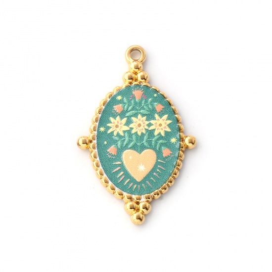 Immagine di 1 Pz Placcatura Sottovuoto PVD Ecologica 304 Acciaio Inossidabile Religione Ciondoli Pendenti 18K Vero Oro Placcato Verde Ovale Ex Voto Cuore Stampato 3.2cm x 2.1cm