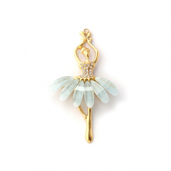 Picture of 1 Piece Eco-friendly PVD Vacuum Plating 304 Stainless Steel & Acrylic Pendants 18K Real Gold Plated Light Blue Ballerina Glitter Clear Cubic Zirconia 4.9cm x 2.9cm