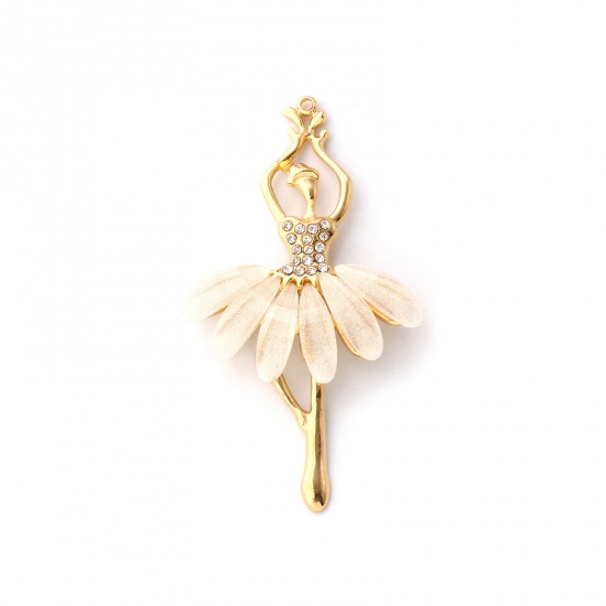 Picture of 1 Piece Eco-friendly PVD Vacuum Plating 304 Stainless Steel & Acrylic Pendants 18K Real Gold Plated Creamy-White Ballerina Glitter Clear Cubic Zirconia 4.9cm x 2.9cm
