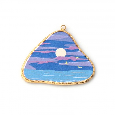 Picture of 1 Piece Eco-friendly PVD Vacuum Plating Waterproof Anti-Tarnish Hypoallergenic 304 Stainless Steel Pendants 18K Real Gold Plated Multicolor Triangle Sea Printed 3.9cm x 3.3cm