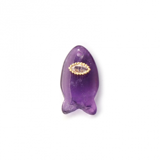 Immagine di 1 Pz Naturale Ametista Gioielli Oceanici Ciondoli Oro Placcato Colore Viola Pesce Trasparente Strass 23mm x 12mm