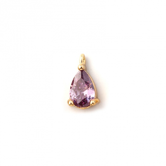 Immagine di 5 PCs Brass Birthstone Charms 18K Gold Plated Drop February Mini Purple Cubic Zirconia 9mm x 5mm