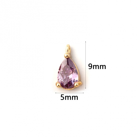Immagine di 5 PCs Brass Birthstone Charms 18K Gold Plated Drop February Mini Purple Cubic Zirconia 9mm x 5mm