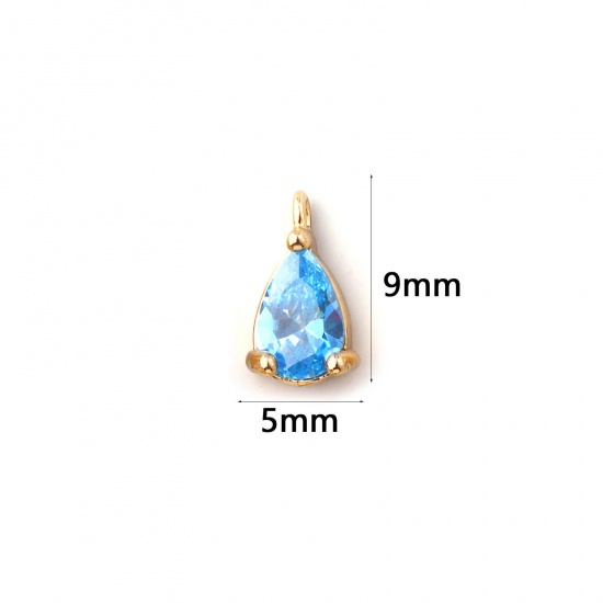Immagine di 5 PCs Brass Birthstone Charms 18K Gold Plated Drop March Mini Aqua Blue Cubic Zirconia 9mm x 5mm