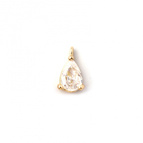 Immagine di 5 PCs Brass Birthstone Charms 18K Gold Plated Drop April Mini Clear Cubic Zirconia 9mm x 5mm