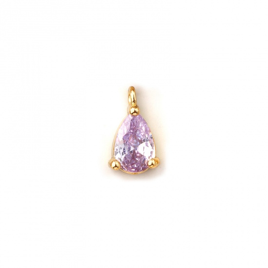 Immagine di 5 PCs Brass Birthstone Charms 18K Gold Plated Drop June Mini Mauve Cubic Zirconia 9mm x 5mm
