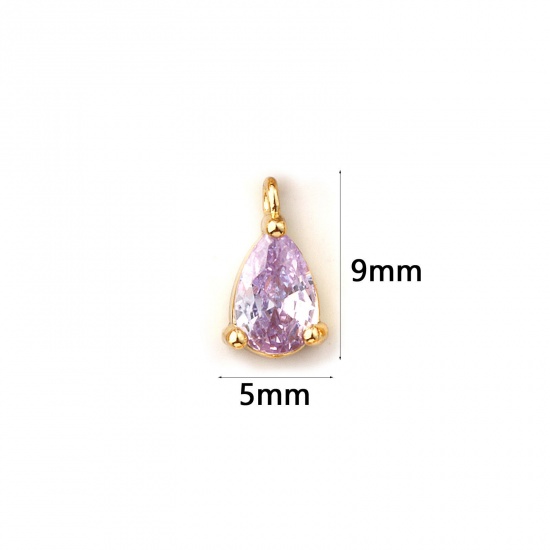 Immagine di 5 PCs Brass Birthstone Charms 18K Gold Plated Drop June Mini Mauve Cubic Zirconia 9mm x 5mm