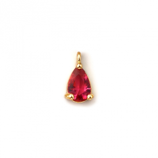 Immagine di 5 PCs Brass Birthstone Charms 18K Gold Plated Drop July Mini Fuchsia Cubic Zirconia 9mm x 5mm